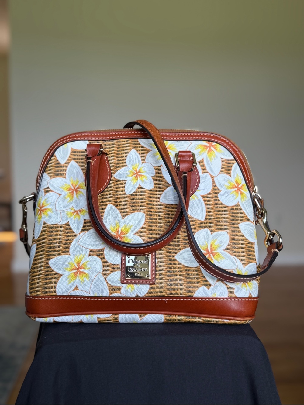 Dooney & Bourke Brown Woven-Print Satchel with White and Yellow Plumeria